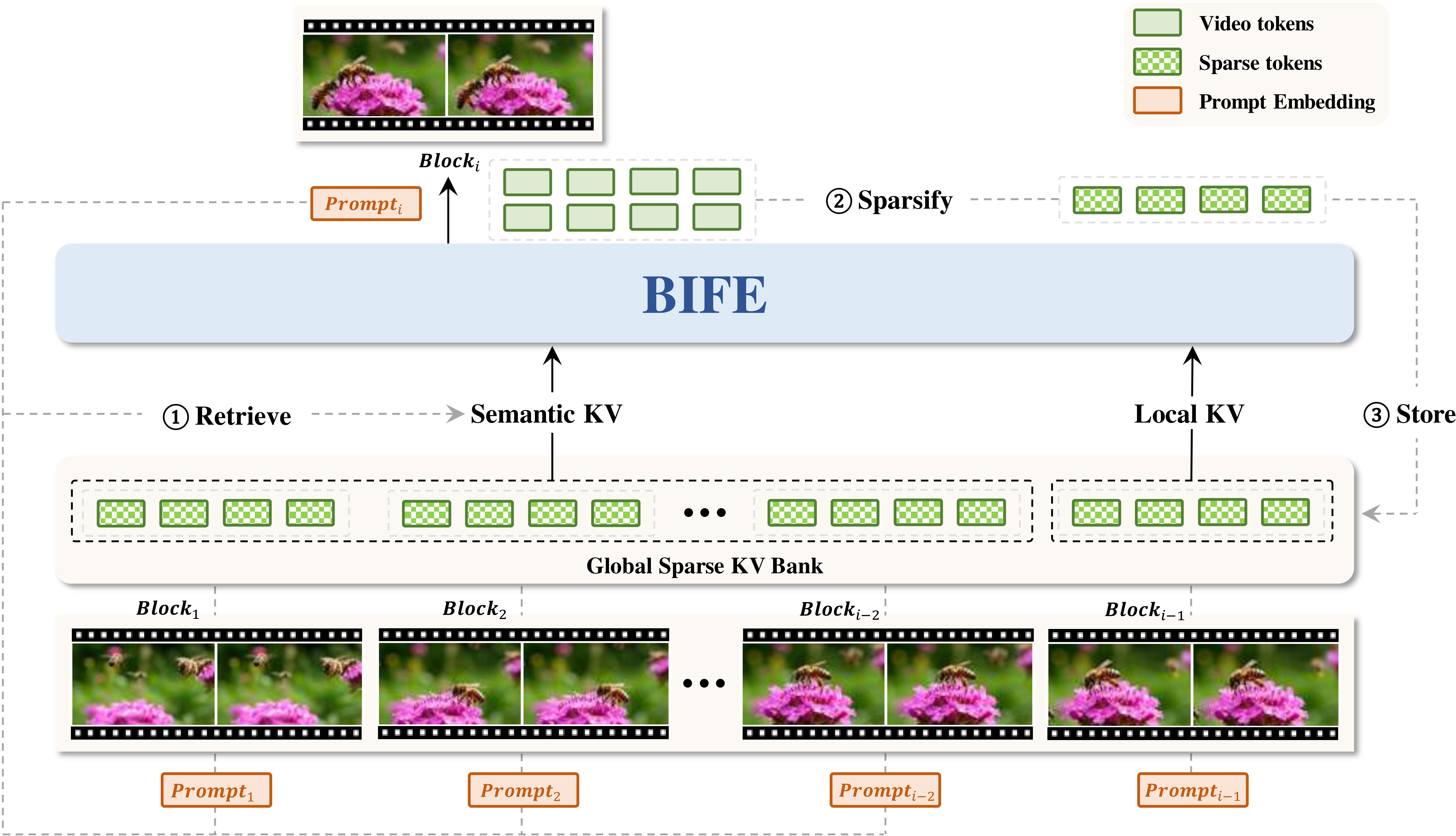 Overview of the BIFE framework with local and global sparse KV caches